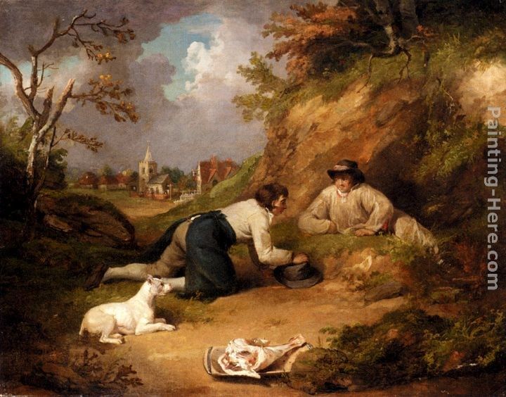 George Morland Two Men Hunting Rabbits With Their Dog, A Village Beyond